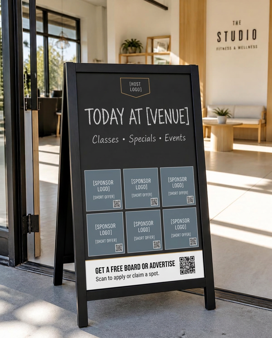 Black upright announcement board standing in a bright venue entrance