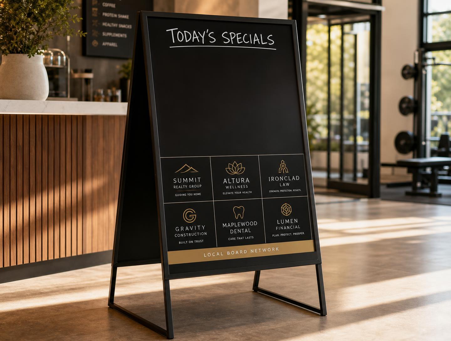 A premium 36 by 24 inch black dry-erase sandwich board inside a modern Columbia gym café, showing a handwritten specials area above six equal sponsor panels and a Local Board Network banner